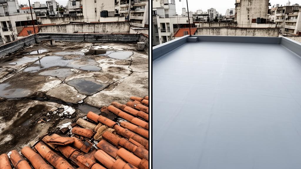 Antes y después de reparación de terraza en Belgrano