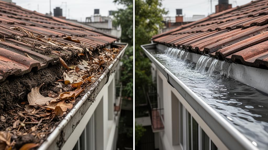 Antes y después de limpieza de canaletas en Palermo